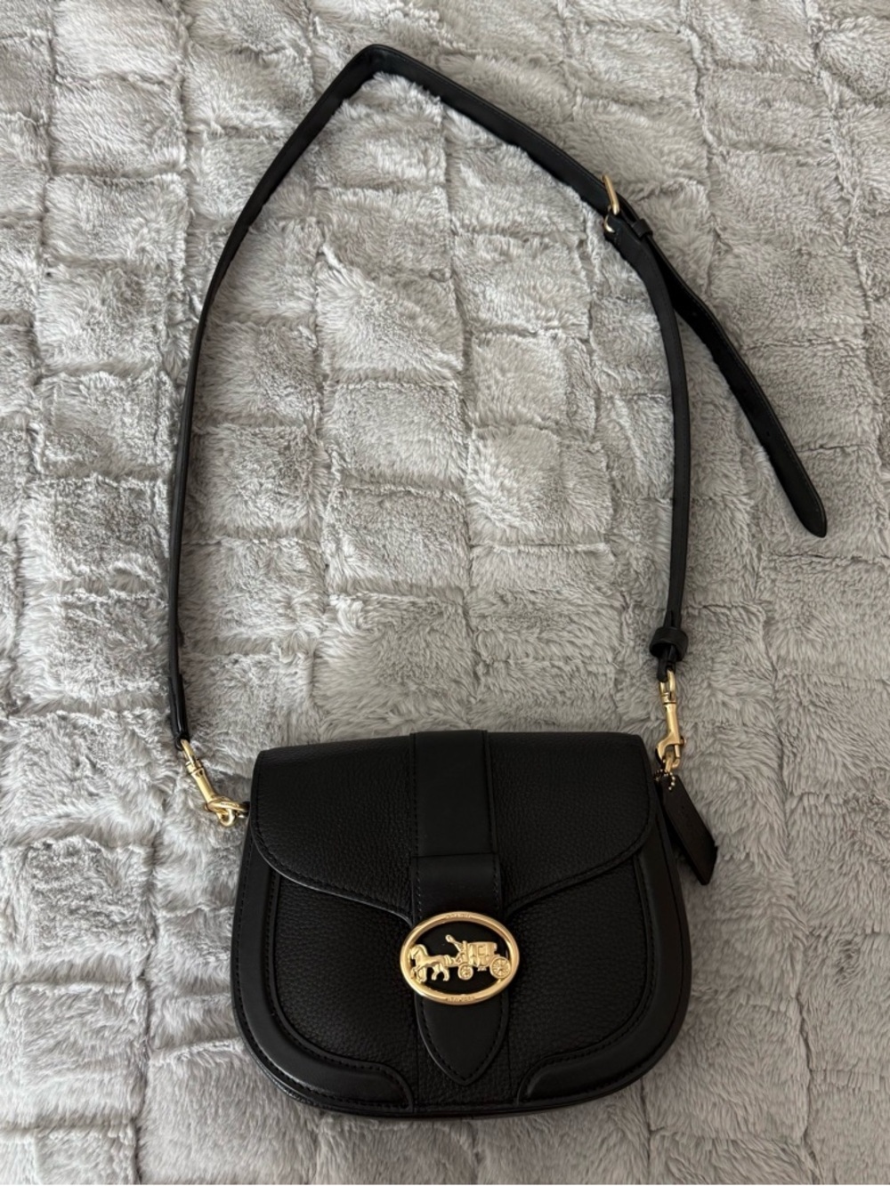 Coach Black Pebbled Leather Crossbody with Gold Horse & Carriage Accent